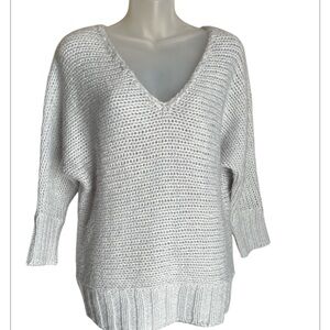 American Eagle v neck light grey open weave medium slip over sweater spring